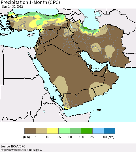 Middle East and Turkey Precipitation 1-Month (CPC) Thematic Map For 9/1/2022 - 9/30/2022