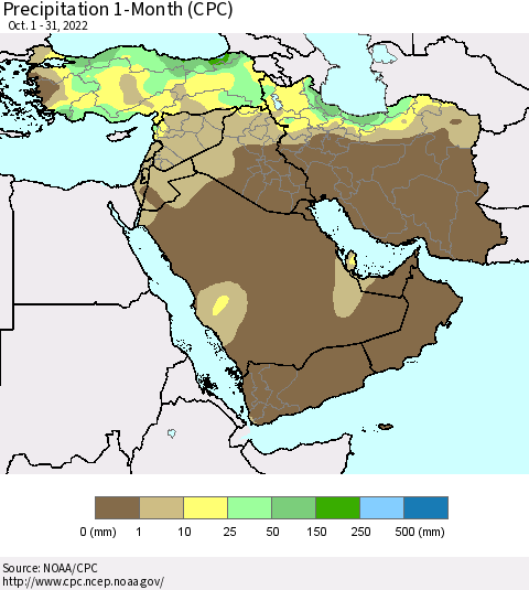 Middle East and Turkey Precipitation 1-Month (CPC) Thematic Map For 10/1/2022 - 10/31/2022