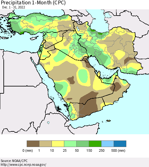 Middle East and Turkey Precipitation 1-Month (CPC) Thematic Map For 12/1/2022 - 12/31/2022