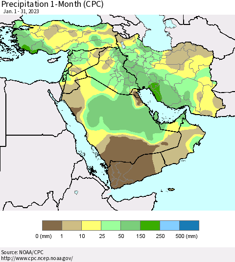 Middle East and Turkey Precipitation 1-Month (CPC) Thematic Map For 1/1/2023 - 1/31/2023