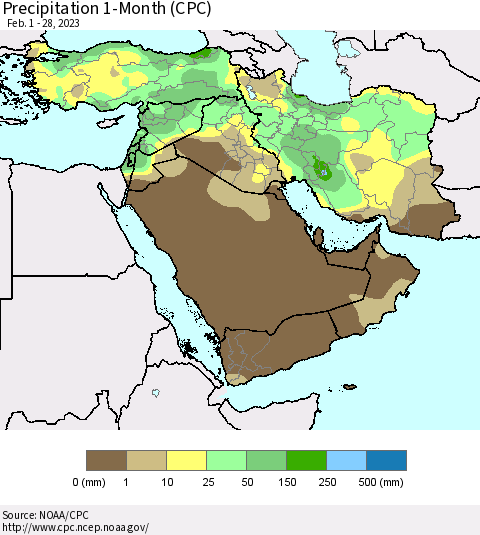 Middle East and Turkey Precipitation 1-Month (CPC) Thematic Map For 2/1/2023 - 2/28/2023