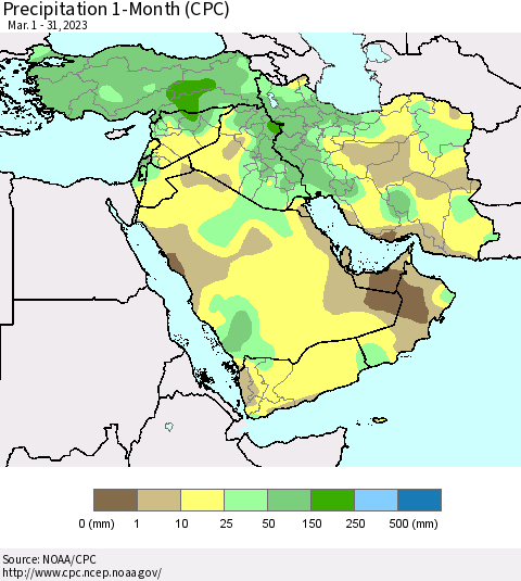 Middle East and Turkey Precipitation 1-Month (CPC) Thematic Map For 3/1/2023 - 3/31/2023