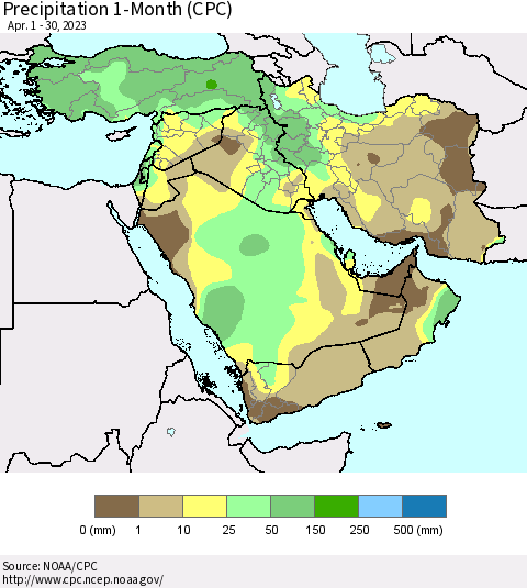 Middle East and Turkey Precipitation 1-Month (CPC) Thematic Map For 4/1/2023 - 4/30/2023