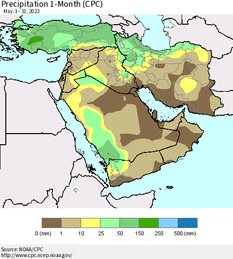 Middle East and Turkey Precipitation 1-Month (CPC) Thematic Map For 5/1/2023 - 5/31/2023