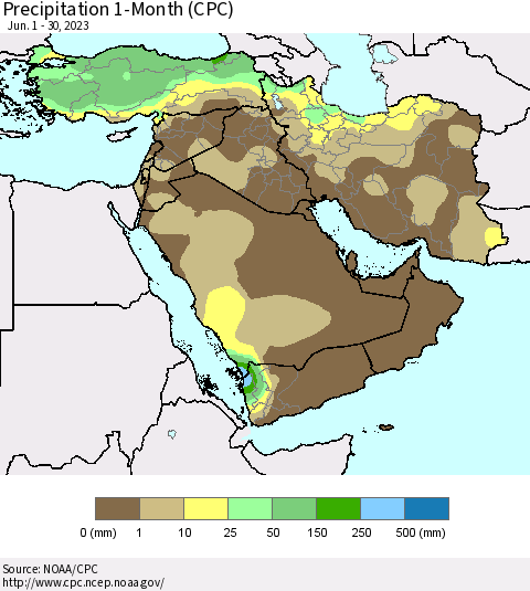 Middle East and Turkey Precipitation 1-Month (CPC) Thematic Map For 6/1/2023 - 6/30/2023