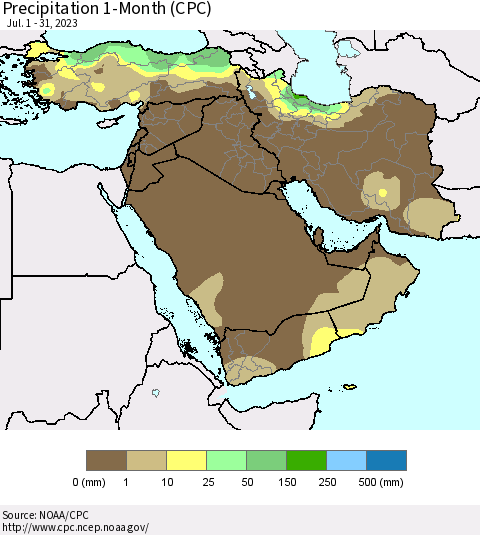 Middle East and Turkey Precipitation 1-Month (CPC) Thematic Map For 7/1/2023 - 7/31/2023