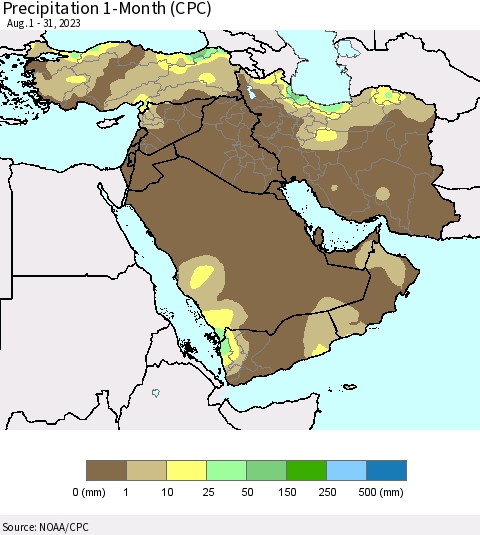 Middle East and Turkey Precipitation 1-Month (CPC) Thematic Map For 8/1/2023 - 8/31/2023