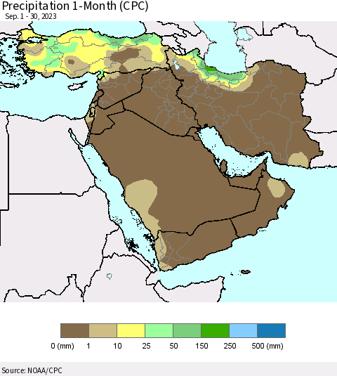 Middle East and Turkey Precipitation 1-Month (CPC) Thematic Map For 9/1/2023 - 9/30/2023