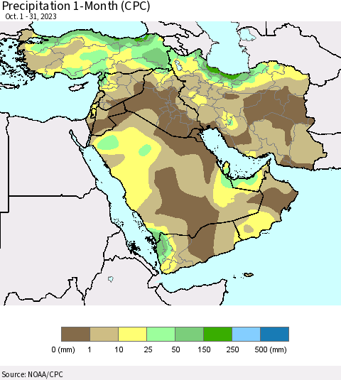 Middle East and Turkey Precipitation 1-Month (CPC) Thematic Map For 10/1/2023 - 10/31/2023