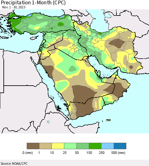 Middle East and Turkey Precipitation 1-Month (CPC) Thematic Map For 11/1/2023 - 11/30/2023