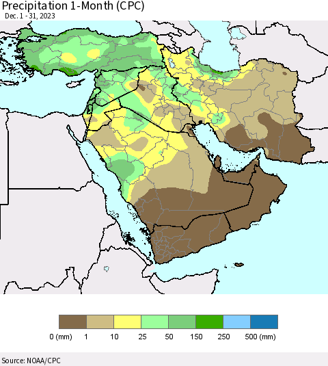 Middle East and Turkey Precipitation 1-Month (CPC) Thematic Map For 12/1/2023 - 12/31/2023