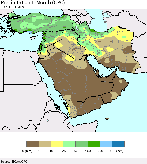 Middle East and Turkey Precipitation 1-Month (CPC) Thematic Map For 1/1/2024 - 1/31/2024
