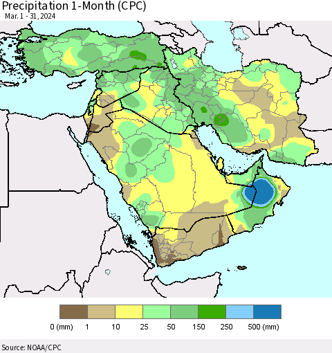 Middle East and Turkey Precipitation 1-Month (CPC) Thematic Map For 3/1/2024 - 3/31/2024