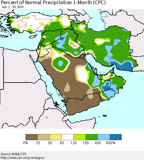 Middle East and Turkey Percent of Normal Precipitation 1-Month (CPC) Thematic Map For 4/1/2019 - 4/30/2019