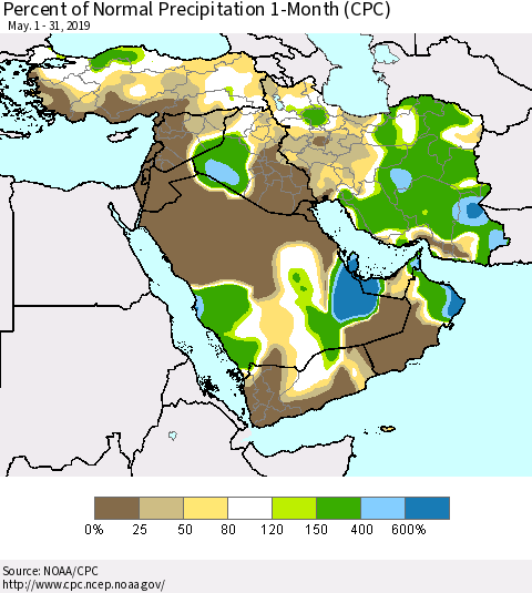 Middle East and Turkey Percent of Normal Precipitation 1-Month (CPC) Thematic Map For 5/1/2019 - 5/31/2019