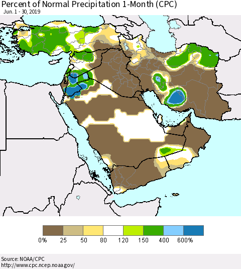 Middle East and Turkey Percent of Normal Precipitation 1-Month (CPC) Thematic Map For 6/1/2019 - 6/30/2019