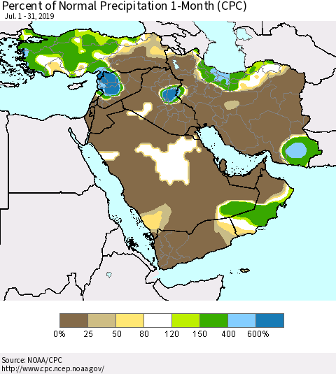 Middle East and Turkey Percent of Normal Precipitation 1-Month (CPC) Thematic Map For 7/1/2019 - 7/31/2019