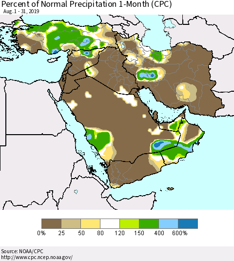 Middle East and Turkey Percent of Normal Precipitation 1-Month (CPC) Thematic Map For 8/1/2019 - 8/31/2019