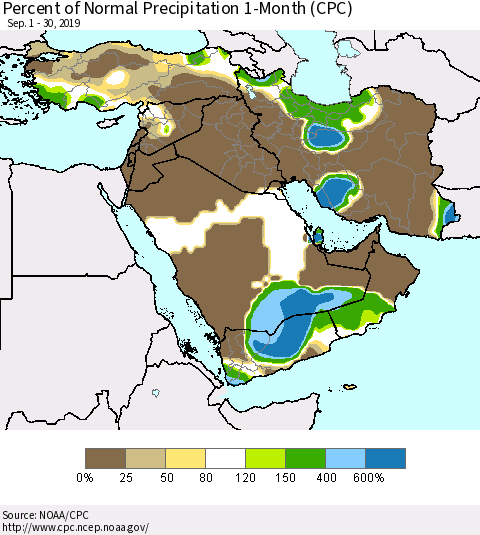 Middle East and Turkey Percent of Normal Precipitation 1-Month (CPC) Thematic Map For 9/1/2019 - 9/30/2019