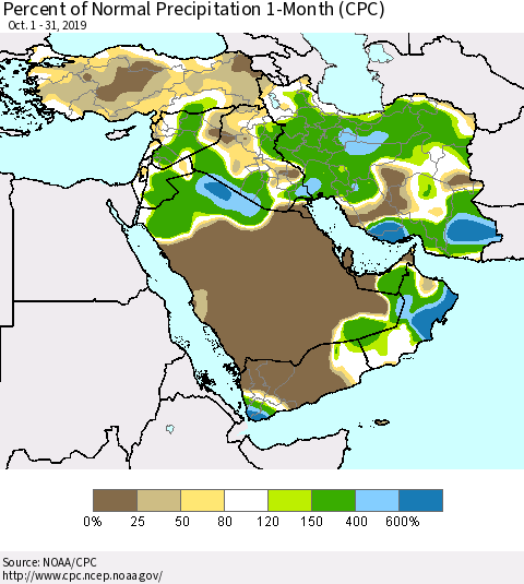 Middle East and Turkey Percent of Normal Precipitation 1-Month (CPC) Thematic Map For 10/1/2019 - 10/31/2019
