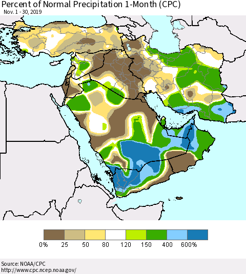 Middle East and Turkey Percent of Normal Precipitation 1-Month (CPC) Thematic Map For 11/1/2019 - 11/30/2019