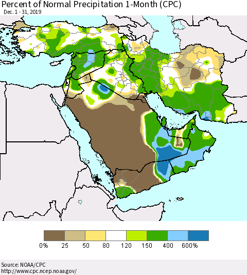 Middle East and Turkey Percent of Normal Precipitation 1-Month (CPC) Thematic Map For 12/1/2019 - 12/31/2019