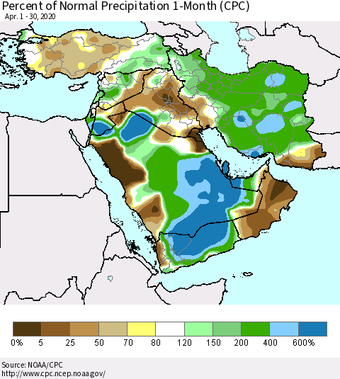 Middle East and Turkey Percent of Normal Precipitation 1-Month (CPC) Thematic Map For 4/1/2020 - 4/30/2020