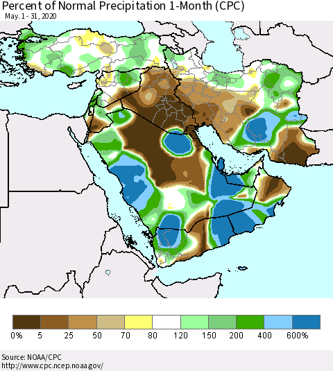 Middle East and Turkey Percent of Normal Precipitation 1-Month (CPC) Thematic Map For 5/1/2020 - 5/31/2020