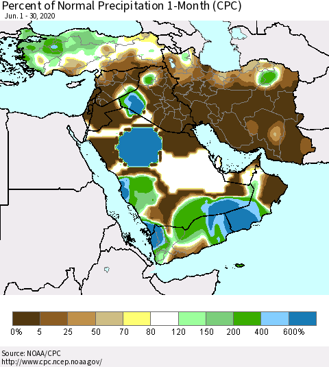 Middle East and Turkey Percent of Normal Precipitation 1-Month (CPC) Thematic Map For 6/1/2020 - 6/30/2020