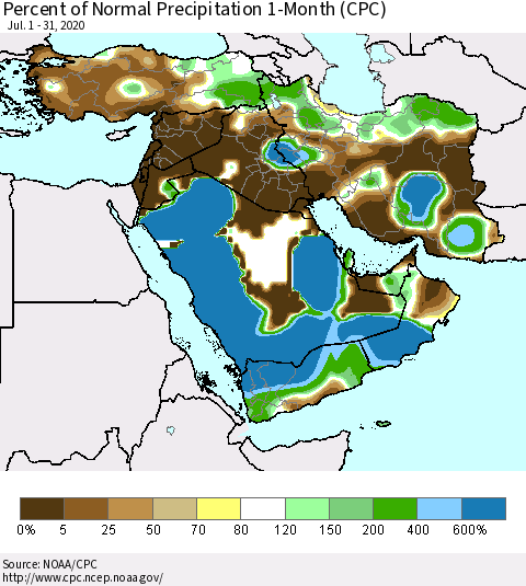 Middle East and Turkey Percent of Normal Precipitation 1-Month (CPC) Thematic Map For 7/1/2020 - 7/31/2020
