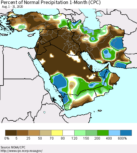 Middle East and Turkey Percent of Normal Precipitation 1-Month (CPC) Thematic Map For 8/1/2020 - 8/31/2020