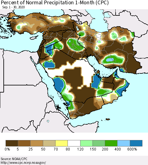 Middle East and Turkey Percent of Normal Precipitation 1-Month (CPC) Thematic Map For 9/1/2020 - 9/30/2020