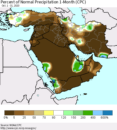 Middle East and Turkey Percent of Normal Precipitation 1-Month (CPC) Thematic Map For 10/1/2020 - 10/31/2020