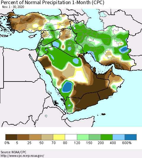 Middle East and Turkey Percent of Normal Precipitation 1-Month (CPC) Thematic Map For 11/1/2020 - 11/30/2020