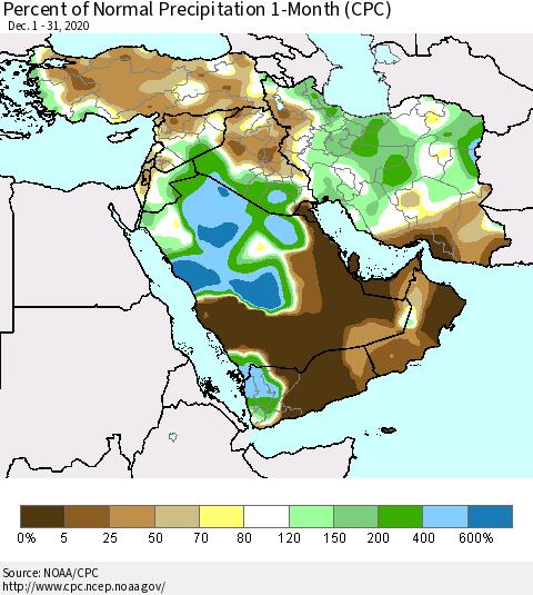 Middle East and Turkey Percent of Normal Precipitation 1-Month (CPC) Thematic Map For 12/1/2020 - 12/31/2020