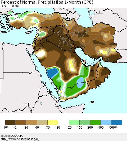 Middle East and Turkey Percent of Normal Precipitation 1-Month (CPC) Thematic Map For 4/1/2021 - 4/30/2021