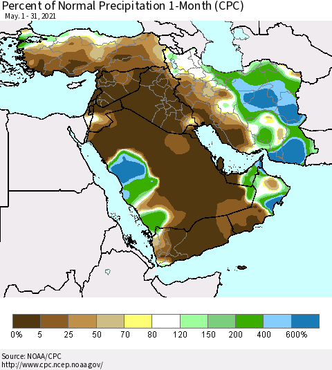 Middle East and Turkey Percent of Normal Precipitation 1-Month (CPC) Thematic Map For 5/1/2021 - 5/31/2021