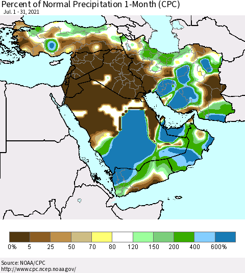 Middle East and Turkey Percent of Normal Precipitation 1-Month (CPC) Thematic Map For 7/1/2021 - 7/31/2021