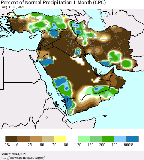 Middle East and Turkey Percent of Normal Precipitation 1-Month (CPC) Thematic Map For 8/1/2021 - 8/31/2021