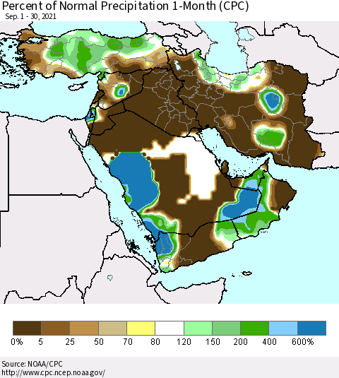 Middle East and Turkey Percent of Normal Precipitation 1-Month (CPC) Thematic Map For 9/1/2021 - 9/30/2021