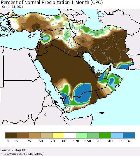 Middle East and Turkey Percent of Normal Precipitation 1-Month (CPC) Thematic Map For 10/1/2021 - 10/31/2021