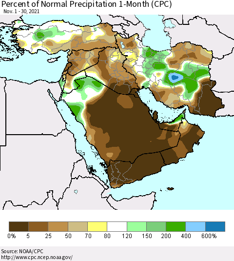 Middle East and Turkey Percent of Normal Precipitation 1-Month (CPC) Thematic Map For 11/1/2021 - 11/30/2021