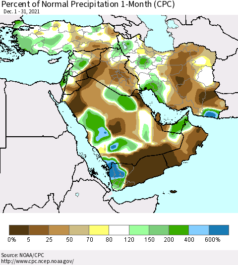 Middle East and Turkey Percent of Normal Precipitation 1-Month (CPC) Thematic Map For 12/1/2021 - 12/31/2021