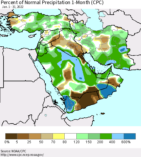 Middle East and Turkey Percent of Normal Precipitation 1-Month (CPC) Thematic Map For 1/1/2022 - 1/31/2022