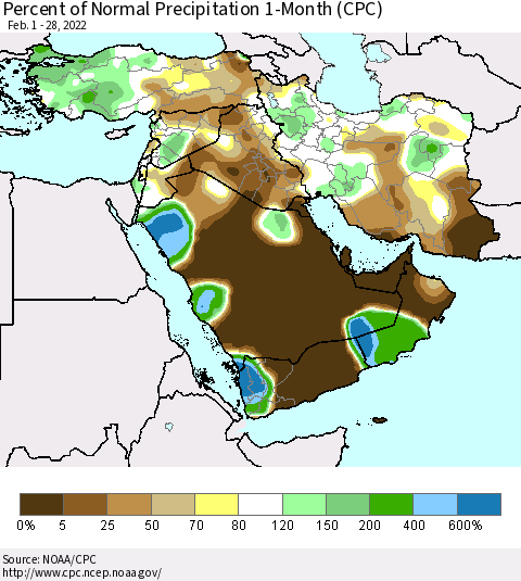 Middle East and Turkey Percent of Normal Precipitation 1-Month (CPC) Thematic Map For 2/1/2022 - 2/28/2022