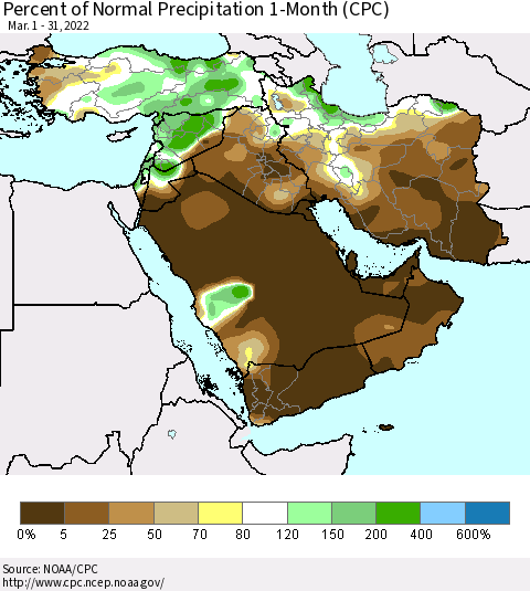 Middle East and Turkey Percent of Normal Precipitation 1-Month (CPC) Thematic Map For 3/1/2022 - 3/31/2022