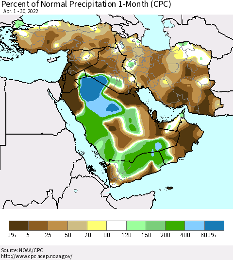 Middle East and Turkey Percent of Normal Precipitation 1-Month (CPC) Thematic Map For 4/1/2022 - 4/30/2022