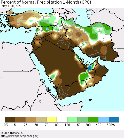 Middle East and Turkey Percent of Normal Precipitation 1-Month (CPC) Thematic Map For 5/1/2022 - 5/31/2022
