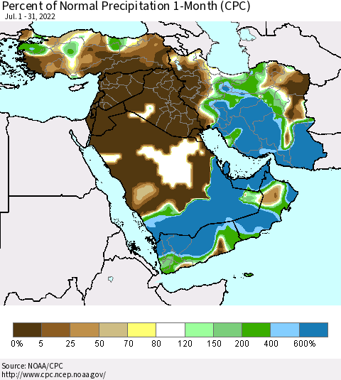 Middle East and Turkey Percent of Normal Precipitation 1-Month (CPC) Thematic Map For 7/1/2022 - 7/31/2022