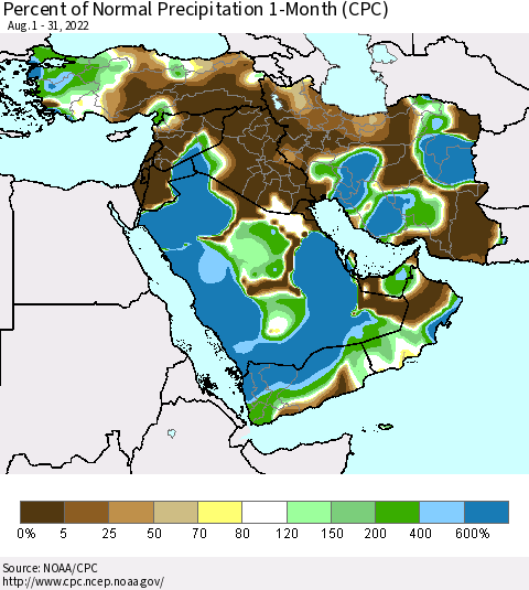 Middle East and Turkey Percent of Normal Precipitation 1-Month (CPC) Thematic Map For 8/1/2022 - 8/31/2022